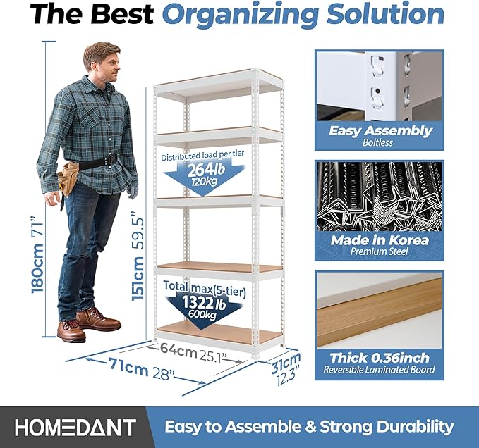 HOMEDANT 5 Tier Laminated White Boltless Metal Shelving Unit Adjustable Garage Storage Utility Rack Heavy Duty Shelves Organization Multipurpose Shelf Warehouse Pantry 28" W x 12.3" D x 59.5" H 3Pack