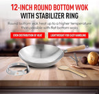 Helen's Asian Kitchen Round Bottom Wok Set, Carbon Steel and Bamboo, 12-Inches, 4-Piece Set