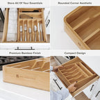 KitchenEdge Silverware Organizer - Cutlery, Flatware, and Utensil Holder for Kitchen Drawers, Fixed 10.5” Width, 7 Storage Compartments, Non-Slip Feet, Rounded Corners, 100% Bamboo