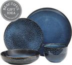 Gibson Elite Matisse 16-Piece Dinnerware Set – Double Bowl Reactive Glaze Stoneware in Blue – Plates and Bowls for 4, Microwave & Dishwasher Safe, Rustic Modern Design