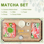 Matcha Set–7-Piece Set Including Matcha Bowl with Spout, Whisk, Chasen Holder, Sifter, Bamboo Scoop,Scoop Stand,wood spoon(Daisy White)–Perfect for Matcha Lovers&Tea Ceremonies