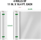 MAGIC SEAL Vacuum Sealer Bags 11”x 16.4' 4 Rolls, Textured Food Storage Bags for Meal Prep & Sous Vide, Commercial Grade BPA Free Seal Rolls, Not Compatible with MAGIC SEAL MS175 Sealers
