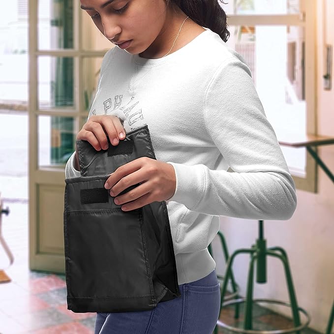 DISCOUNT PROMOS 10 Hook and Loop Insulated Lunch Bags Set - Polyester, Durable, Vibrant, Reusable - Black
