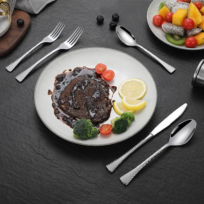 Lemeya Hammered Silver Silverware Set for 8,Stainless Steel 40-Piece Modern Cutlery Set,Mirror Polished Heavy Duty Flatware Set Utensil Set,Knives Spoons and Forks Set,Dishwasher Safe