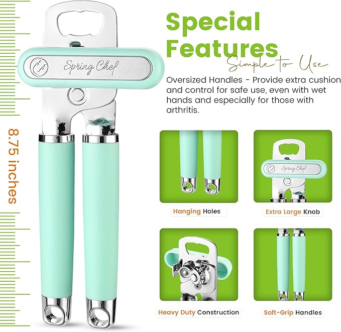 Spring Chef Stainless Steel Can Opener - Manual with Soft Grip Handles, Easy Turn, Heavy Duty Hand Can Opener for Seniors with Smooth Edge - Built-in Magnetic Lid Remover - Mint