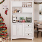 71" Farmhouse White Pantry Cabinet with Charging Station, 4-Type Storage & Anti-Tip Design, Kitchen Cabinet with Adjustable Shelves