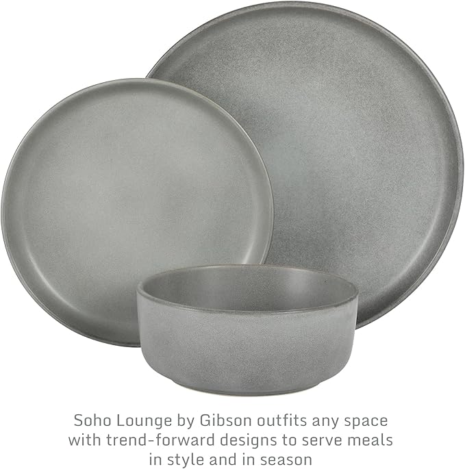 Gibson Elite Pasco 12 Piece (Service for 4) Plates and Bowls Reactive Glaze Dishes Stoneware Ceramic Dinnerware Set - Grey
