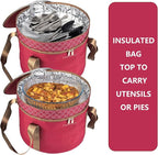 2 Pack Pie Carrier with Lids and Handles, Loadable Cupcake or Pizza Storage Containers, Includes Insulated Bags and Insulated Non-Slip Pads, Perfect for Transportation (Red)