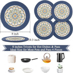 SHACOS 8 Inches Trivets for Hot Dishes, 4 Pieces Cotton and Felt Floral Pattern Trivet Mats for Kitchen, Hot Pads for Countertops and Table, Heat-Resistant Pot Holders for Hot Pots and Pans, Blue