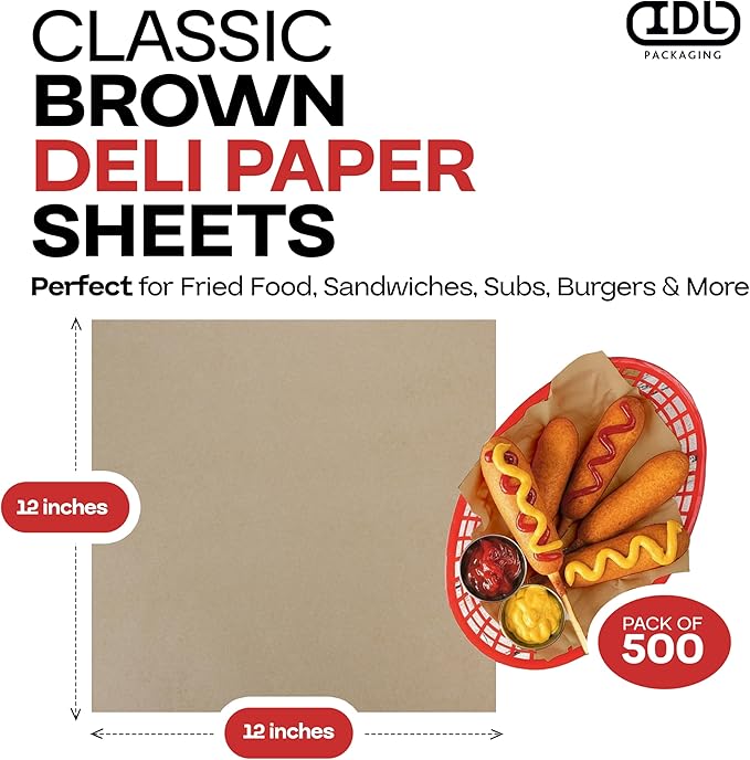 Brown Deli Paper Sheets, 12" x 12" (500 pcs.) - USA-Made Premium Food Basket Liners - PFAS-free Grease Resistant Deli Paper Sheets for Snack & Baking Wrap, Picnic & Party by IDL Packaging