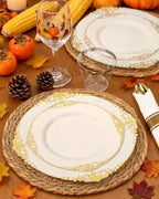 Nervure 350PCS Ivory Plastic Plates - Ivory Gold Plastic Dinnerware Sets for 50 Guests - 100 Gold Disposable Plates, 50 Pre Rolled Silverware Sets, 50 Cups Perfect for Wedding & Thanksgiving