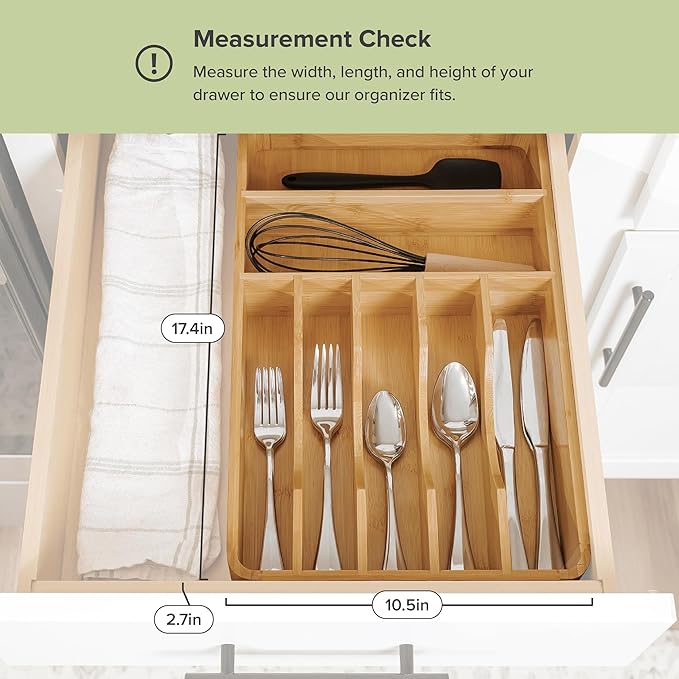 KitchenEdge Silverware Organizer - Cutlery, Flatware, and Utensil Holder for Kitchen Drawers, Fixed 10.5” Width, 7 Storage Compartments, Non-Slip Feet, Rounded Corners, 100% Bamboo