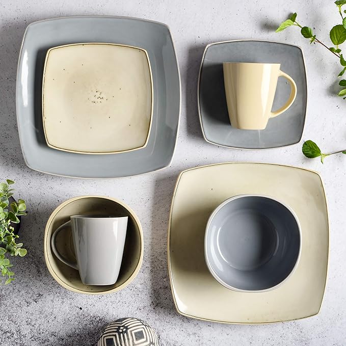Gibson Elite Soho Lounge Square Reactive Glaze Stoneware Dinnerware Set, Service for 4 (16pc), Light Gray