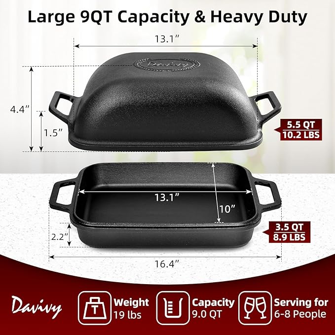 Davivy 9QT Pre-Seasoned Dutch Oven for Sourdough Bread, Non-stick Cast Iron Sourdough Bread Loaf Baking Pan, Large Capacity Cast Iron Loaf Pan, with Silicone Oven Mitts