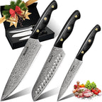 Huusk Damascus Chef Knife Set - 3 PCS VG10 Santoku & Utility Knives with Ebony Handles, Paring Knife for Meat, Fruit, Vegetables - Dad Mom Gift
