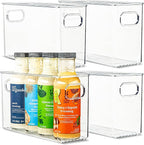 Plastic Food Storage 4 Pack Clear Container Bin with Handles for Organizing Kitchen, Pantry, Refrigerator, Freezer, Pantry, Cabinet, Closet, Bathroom. 10”x4”x6”