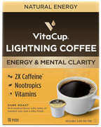 VitaCup Lightning Coffee Pods, for Memory & Focus w/ 2X Caffeine, Green Coffee Bean, B Vitamins, D3, Strong Dark Roast, Recyclable Single Serve Pod Compatible with Keurig K-Cup Brewers, 16 Ct
