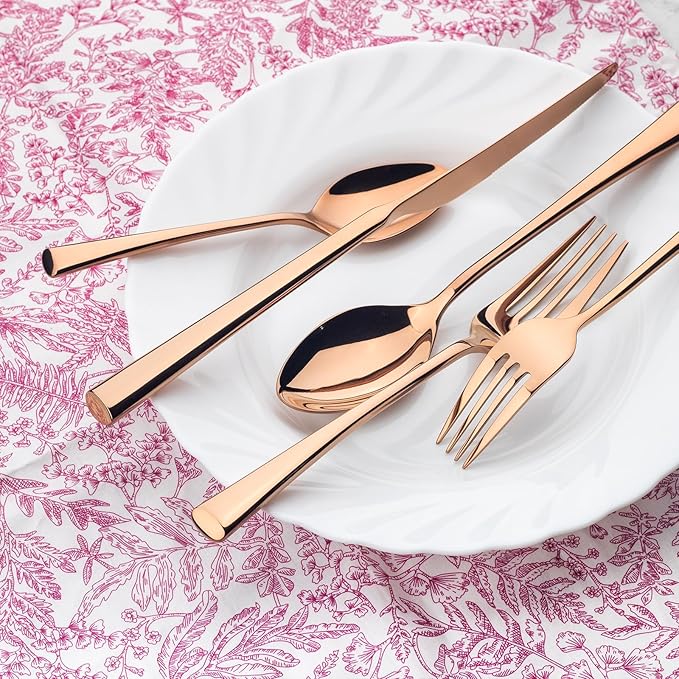 Alata Bailey Rose Gold 20-Piece Forged Stainless Steel Flatware Set Cutlery Set, Service for 4, Silver Finish, Dishwasher Safe