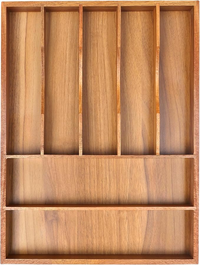 Bellsal Bamboo Silverware Organizer, 12"x15.7" Utensil Holder Cutlery Tray with Grooved Drawer Dividers for Kitchen Flatware, Bedroom, Office (7 Slot, Acacia)