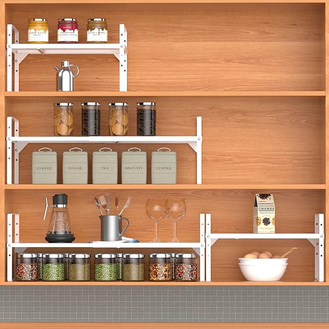 Expandable Kitchen Cabinet Shelf Organizers, Stackable Metal Pantry Storage Shelves Rack, Adjustable Counter Spice Shelf for Cabinets, Countertop, Cupboard Organizers and Storage, White
