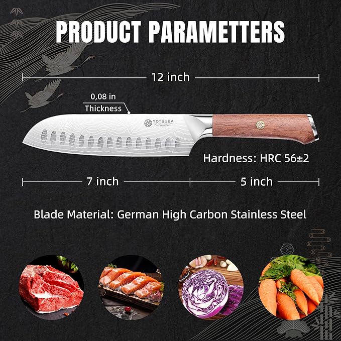 YOTSUBA Santoku Knife, 7 Inch Kitchen Knife, Sharp Japanese Knife with Wooden Handle, Forged High Carbon German Stainless Steel, Chef Knife for Home Chopping Vegetable and Cooking