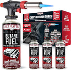 Butane Torch Lighter w/ 4 x 8oz. Butane Fuel Tin Canister Combo, Refillable Kitchen Torch & Adjustable Flame Cooking Torcher for Creme Brulee, Dessert, Meats, Indoor & Outdoor BBQ by Chef Master 90022