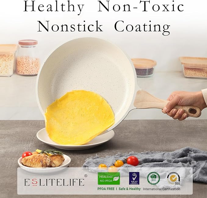 ESLITE LIFE Nonstick Ceramic Frying Pan Skillet with Lid, Non-Toxic Egg Omelette Kitchen Cooking Pans Compatible with All Stovetops (Gas, Electric & Induction), PTFE & PFOA Free (White, 8" w/Lid)