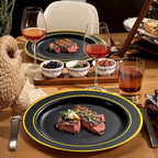 bUCLA 600PCS Black and Gold Disposable Dinnerware Set - Black Plastic Plates Disposable for Party Include 100 Dinner&100 Dessert Plates,100 Knives,100 Forks,100 Spoons,100 Cups for Party & New Year