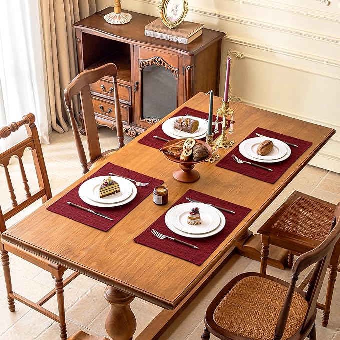 KXN Christmas Placemats Set of 8, Dual-Layer Thickened Faux Linen Table Mats, Heat Resistant & Wrinkle-Free, Machine Washable Cloth Place Mats for Kitchen Dining Indoor Outdoor (Red)