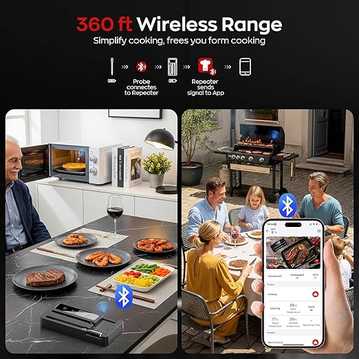 Smart Wireless Meat Thermometer with Dual Probes, Bluetooth & WiFi Combo, High Precision & Fast Response for BBQ, Grill, Smoker, Oven, Air Fryer