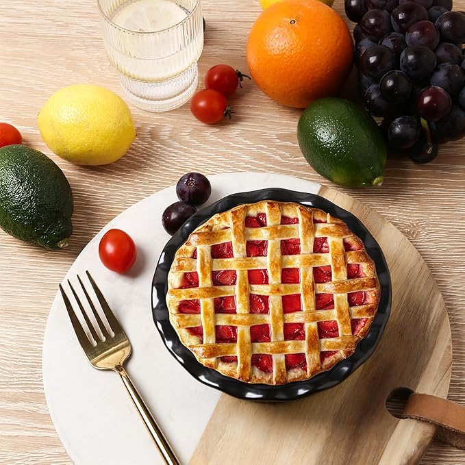 vicrays Ceramic Pie Pan for Baking - 5.5 inch Small Pie Plates Deep Dish Round Pot Casserole Mini Serving Bowl - Microwave Oven Safe for Dessert Apple Pie Cake Tart Pizza Set of 6 - Black