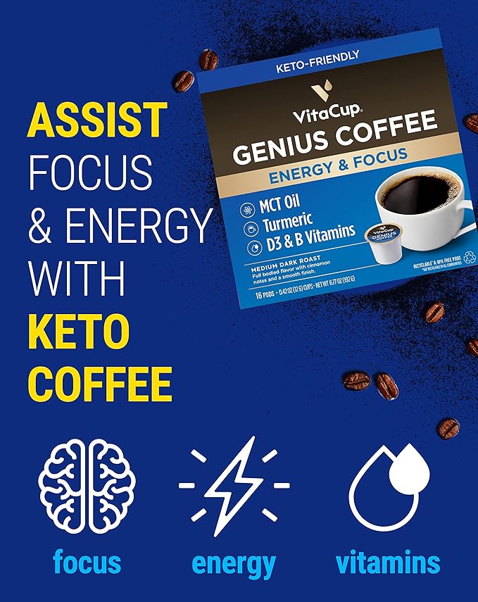 VitaCup Coffee Pods 40ct, Slim w/Garcinia for Diet Support 10ct, Genius Keto w/MCT Oil for Energy & Focus 10ct, Low Acid USDA Organic Perfect 10ct, & Focus w/Mushrooms for Memory & Clarity 10ct