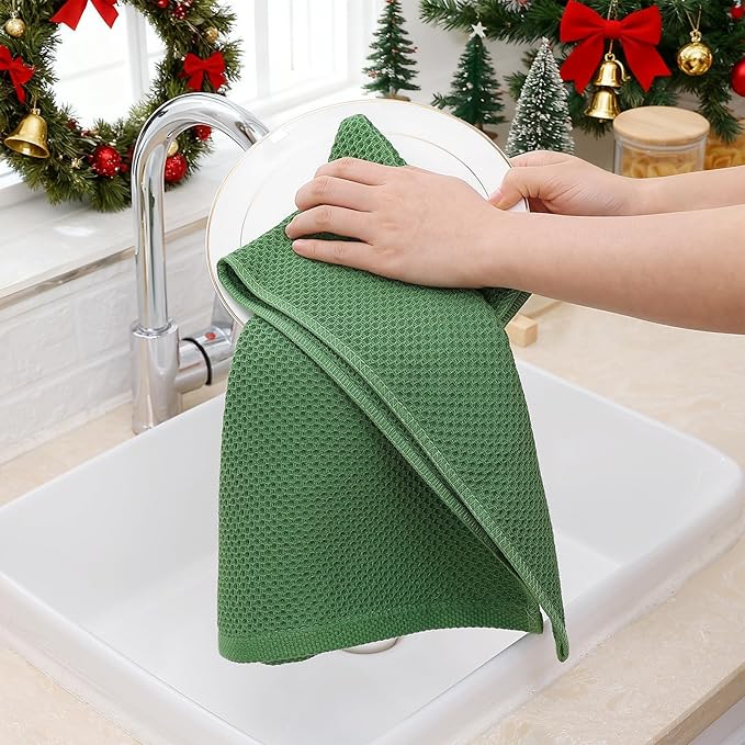 Homaxy 100% Cotton Waffle Weave Kitchen Dish Towels, Ultra Soft Absorbent Quick Drying Cleaning Towel, 13 x 28 Inches, 8-Pack, Grass Green