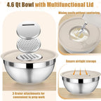 P&P CHEF Mixing Bowl with Lids Set of 3, Stainless Steel Nesting Salad Bowls for Serving Preparing, 3 Grater Attachments & Non-Slip Bottoms, Size 1.5/2.6/4.6 QT, Khaki