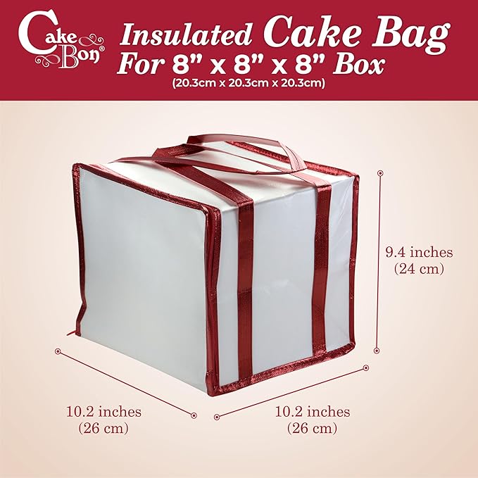 Cakebon Cake Box and Boards, 8-Inch Round Gold Smooth Edges 1/2- Inch Thick Drums with Insulated Bag and Ice Pack – Cake Transport Set, Cooler for Cake Delivery and Transport (1pc Each, 4pcs Total)