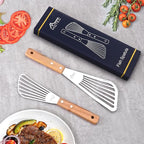 HOTEC 2pcs Stainless Steel Wooden Handle Fish Spatula, Metal Spatula Flipping Foods