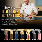 Dual Flame Butane Torch Gun – Refillable Handheld Mini Blow Torch for Cooking, Crème Brûlée, Welding, Soldering, Resin Art – Adjustable Flame & Ignition Lock–Limited Gold Brown by inZaynity
