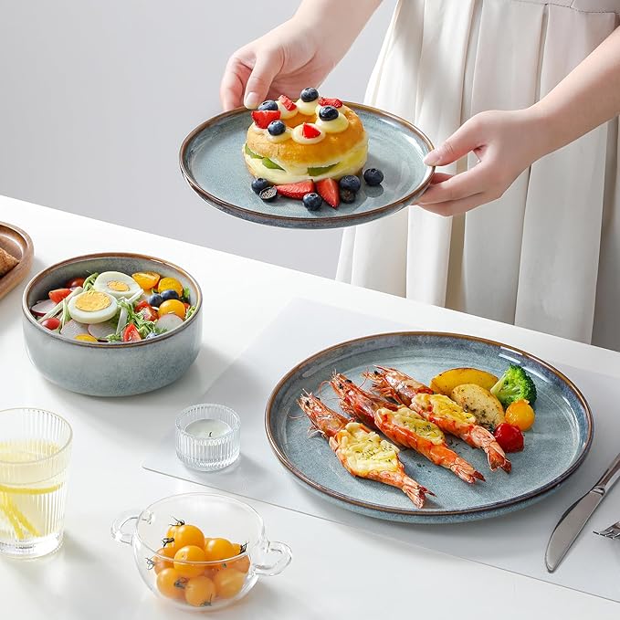 vancasso PLAYA Plates and Bowls Sets, 18 Pieces Light-Blue Dinnerware Sets for Kitchen, Reactive Glaze Dishes Set for 6, Dishwasher and Microwave Safe