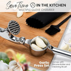 Premium Garlic Press, Garlic Mincer Set of 3 with Silicone Roller Peeler & Cleaning Brush, Extremely Durable Garlic Crusher, Ergonomic Handle, Extracts Most Garlic Paste Per Clove