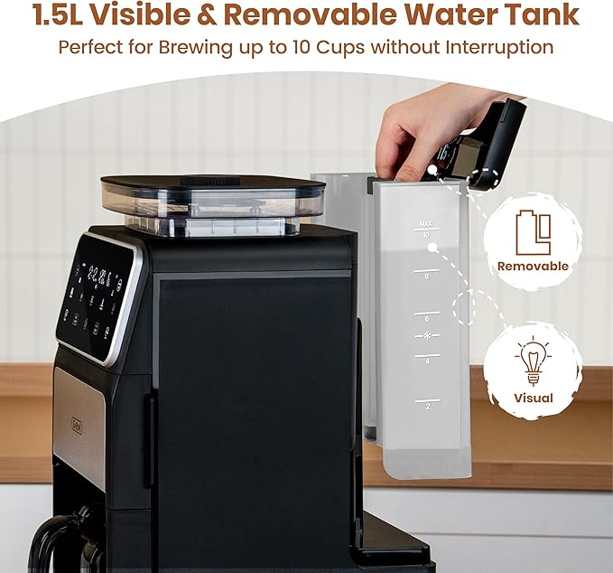 Gevi 10-Cup Grind & Brew Coffee Maker with Built-in Burr Grinder – Programmable Touch Screen, 4-Hour Keep Warm, Permanent Filter, Drip Coffee Machine for Home & Office