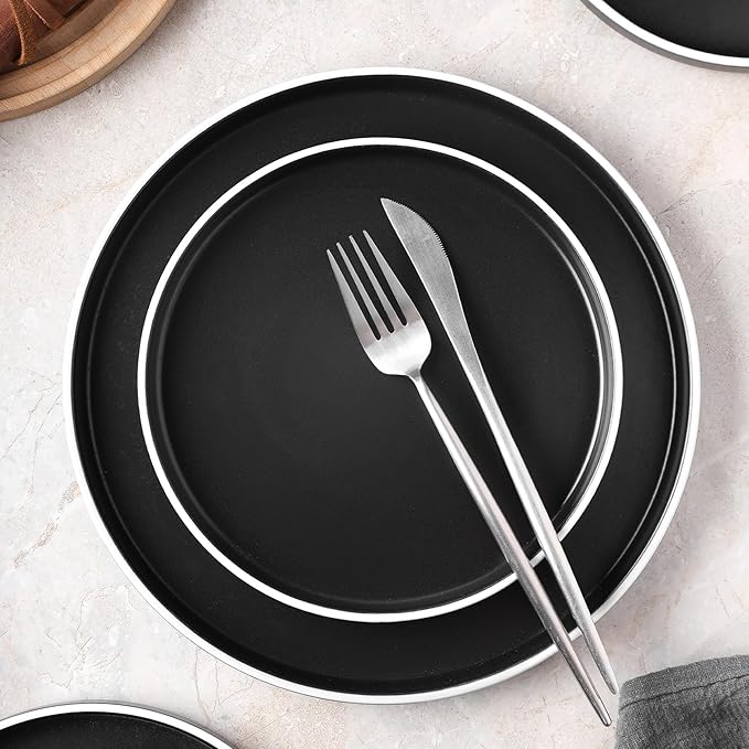 Stone Lain Allison Stoneware Dish Set, 32-Piece Round Dishes for 8, Black and White