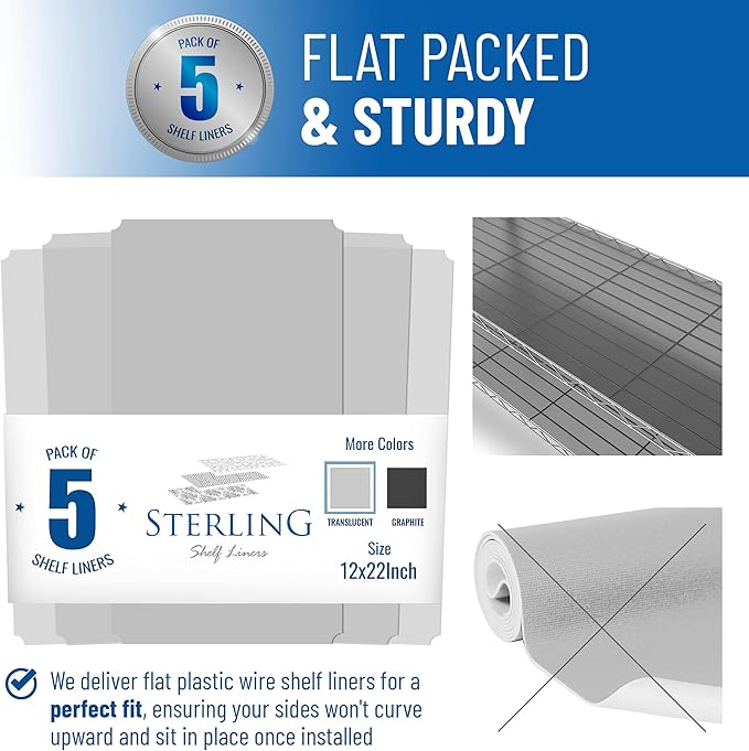 Shelf Liners for Wire Shelf System: Set of 5 in Clear: 12 x 22 inch: Plastic Wire Shelving Shelf Mats