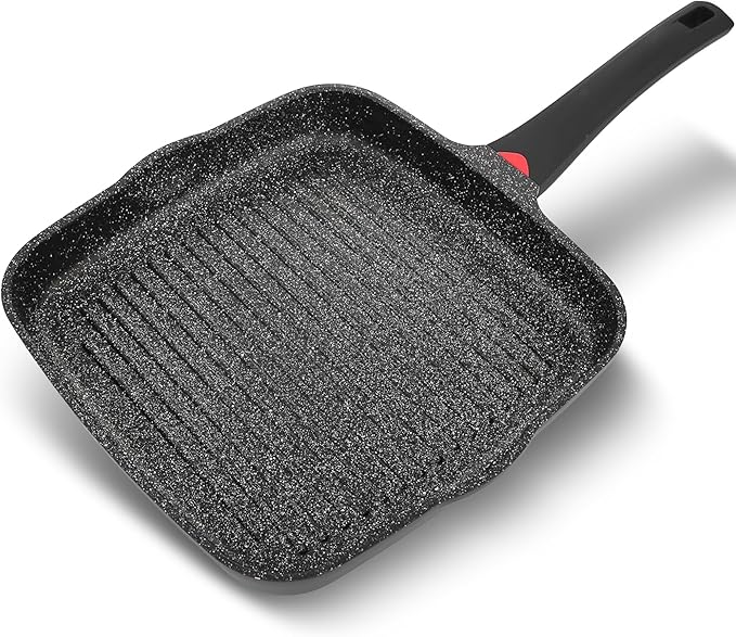 11 Inch Non Stick Grill Pan Granite Coated with Pour Spout - Lightweight 2.66 Quart Grill Pan for Indoor Cooking with Grip Handle - Induction Compatible PFOA Free Stove Top (Black)