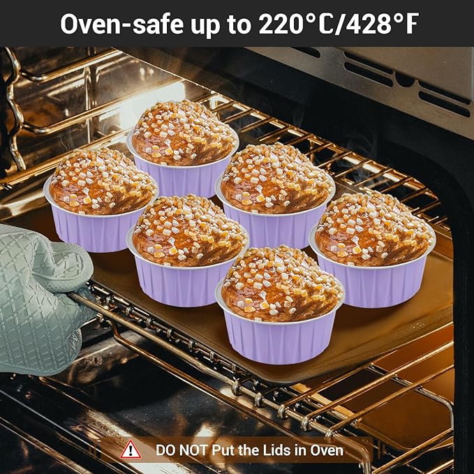 EUSOAR Disposable Ramekins with Lids, 5oz 100pcs Muffin Liners Cups with Lids, Creme Brulee Foil Ramekins, Aluminum Foil Cupcake Baking Cups, for Party Favor Birthday -Light Purple