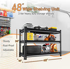 Adjustable Shelving Units and Storage, 48”W Garage Shelving Heavy Duty,1500LBS Loads 3-Tier Garage Storage Shelves, Metal Shelves for Living Room,Pantry,48”W×16”D×36”W,Black
