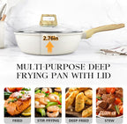 GiPP Nonstick Deep Frying Pan Skillet, 9.5" Saute Pan with Lid, Granite Induction Cookware Non Stick Cooking Pan, PFOA PFOS APEO Free, White