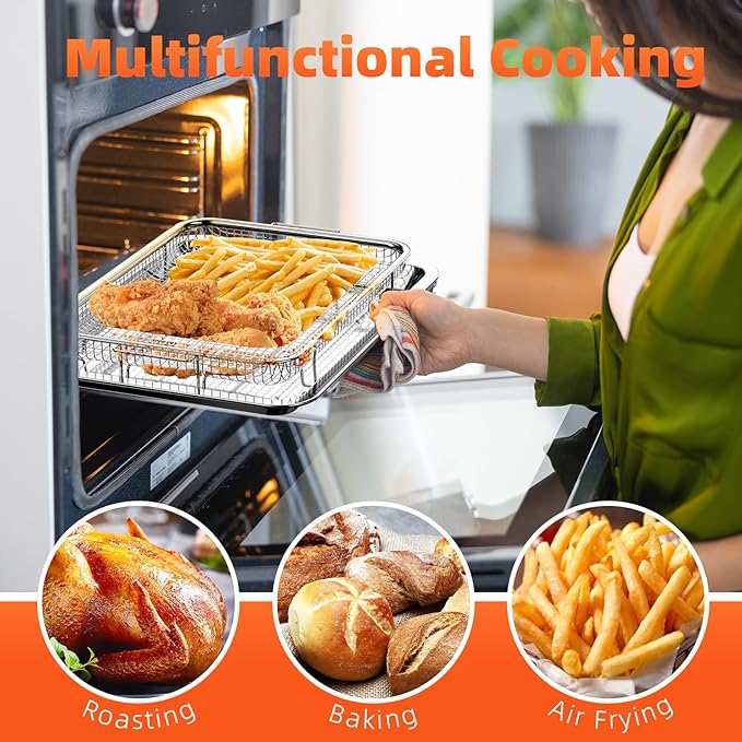Air Fryer Tray for Oven, Oven Air Fryer Basket and Tray with Cooking Guide and 30 PCS Parchment Papers, DEGOVIN Crisper Non-stick Stainless Steel Air Fry Pan for Convection Oven(15.8" × 11")