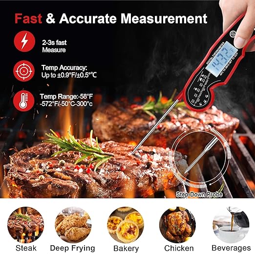 Meat Thermometer Digital for Grilling and Cooking - ANDAXIN Waterproof Ultra-Fast Instant Read Food thermometers with Backlight & Calibration for Kitchen, Deep Fry, BBQ, Grill(Red/Black), LCD