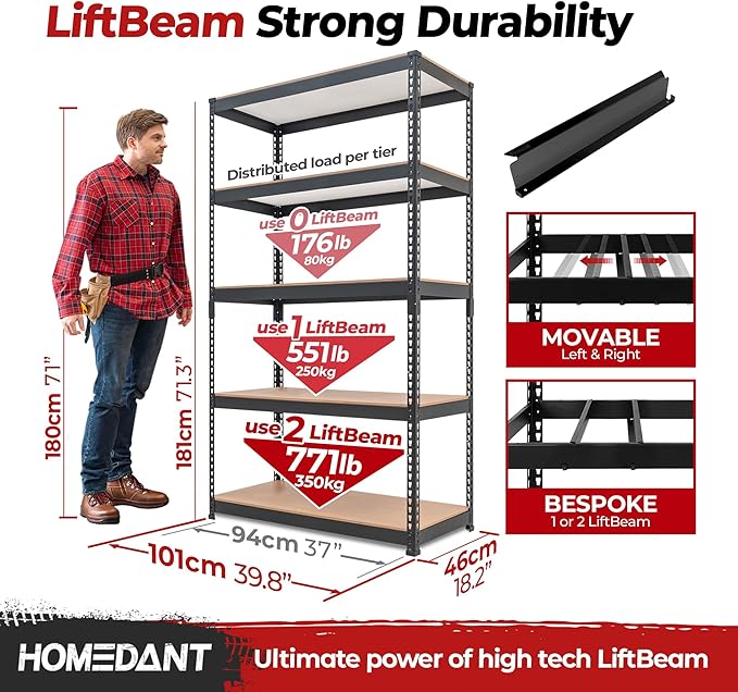 HOMEDANT 5-Tier Laminated Boltless Heavy Duty Metal Shelving Unit Adjustable Garage Storage Utility Rack Shelves Organization Multipurpose Shelf Warehouse Industrial 39.8" W x 18.2" D x 71.3" H 4Pack
