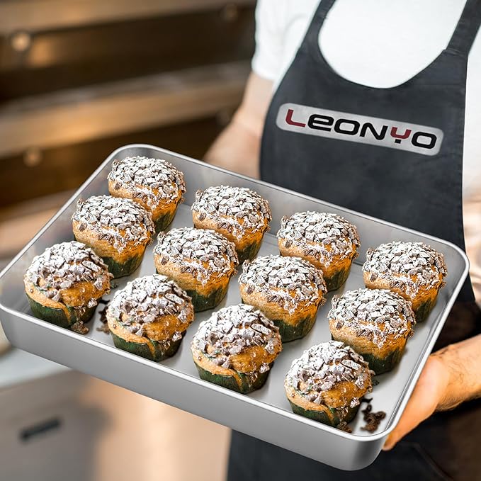 Leonyo Rectangular Cake Pan for Baking, 10.5 x 8 x 2 Inch Stainless Steel Baking Sheet Tray, Deep Lasagna Pan for Toaster Oven, Focaccia, Fish, Chicken, Casserole Dish